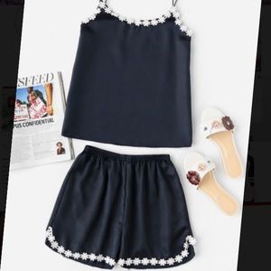 Blue lace crochet silk pj set